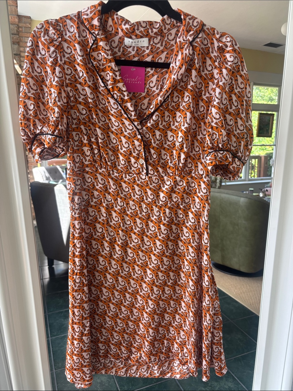 Sandro Cat Print Puff-Sleeve Dress